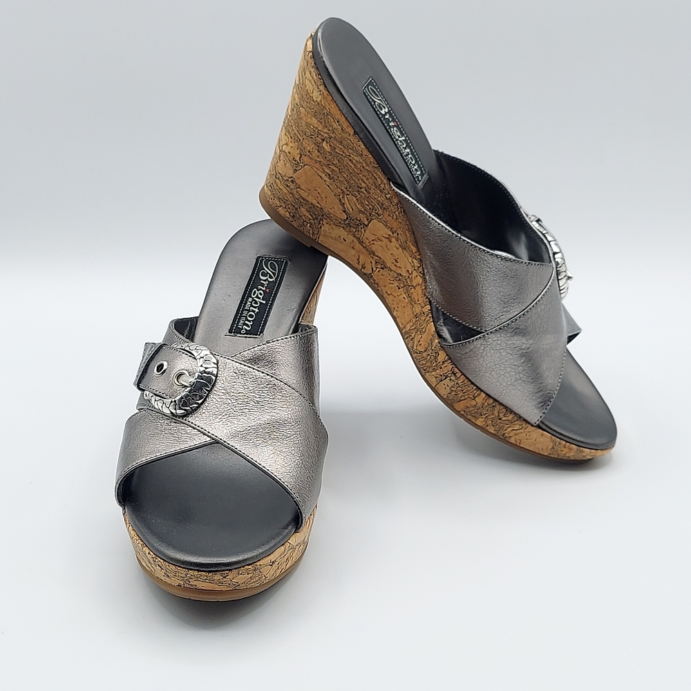 Brighton Summer Made In Italy Platfrom Cork Wedge Heel Sandals Pewter Women's 7